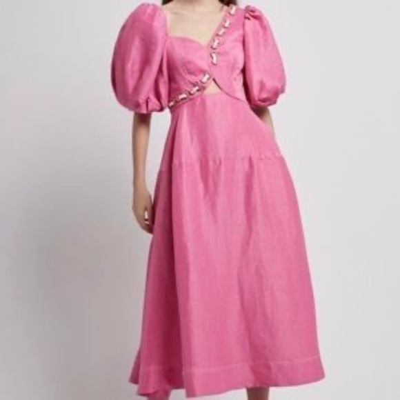 Aje Coda Eyelet Asymmetrical Pink Midi Dress 6 ( AU 10 ) - Picture 2 of 12